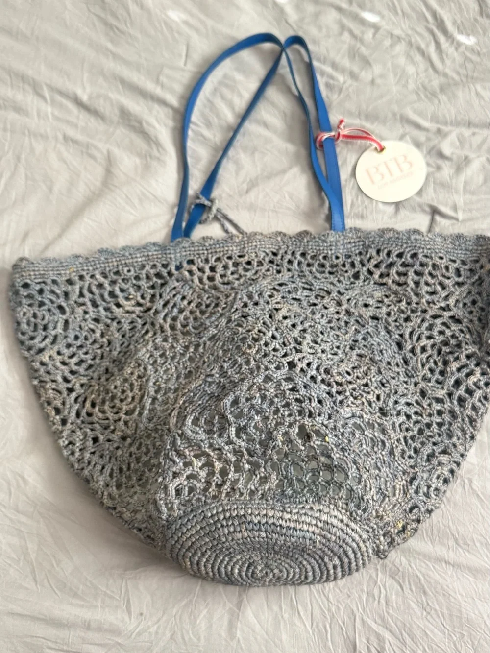 Gray Crochet Tote Bag with Blue Straps